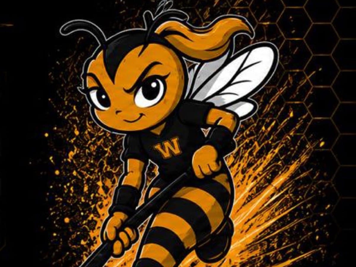 The Magic Bees' mascot: a bee holding a hockey stick, yellow and black, standing on a honeycomb.
