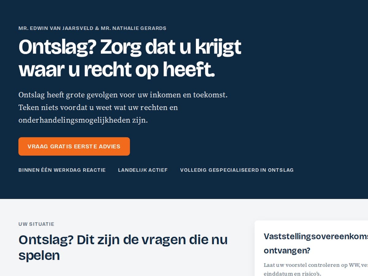 The first screen of Ontslagspecialist's new website: white text on a dark blue background with an orange button.