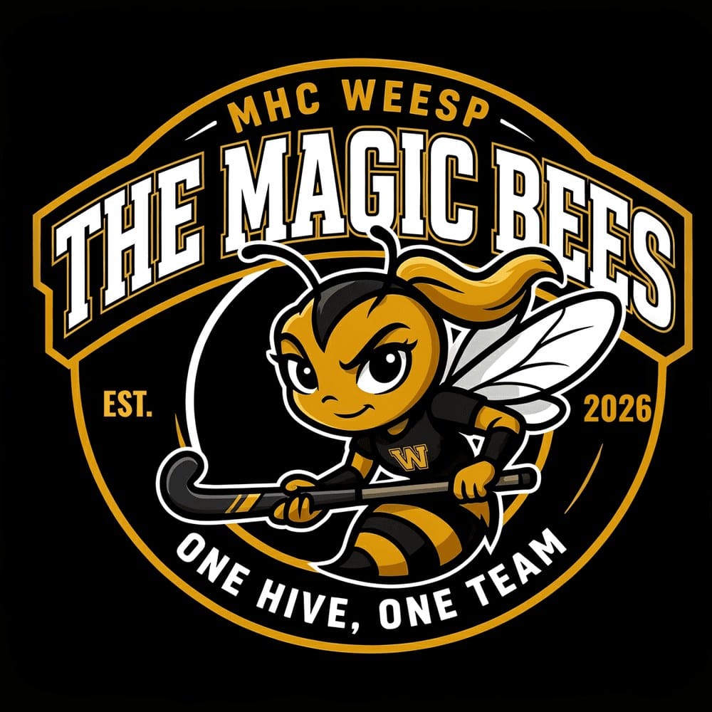 The logo of The Magic Bees, MHC Weesp: a bee holding a hockey stick in yellow, white, and black.