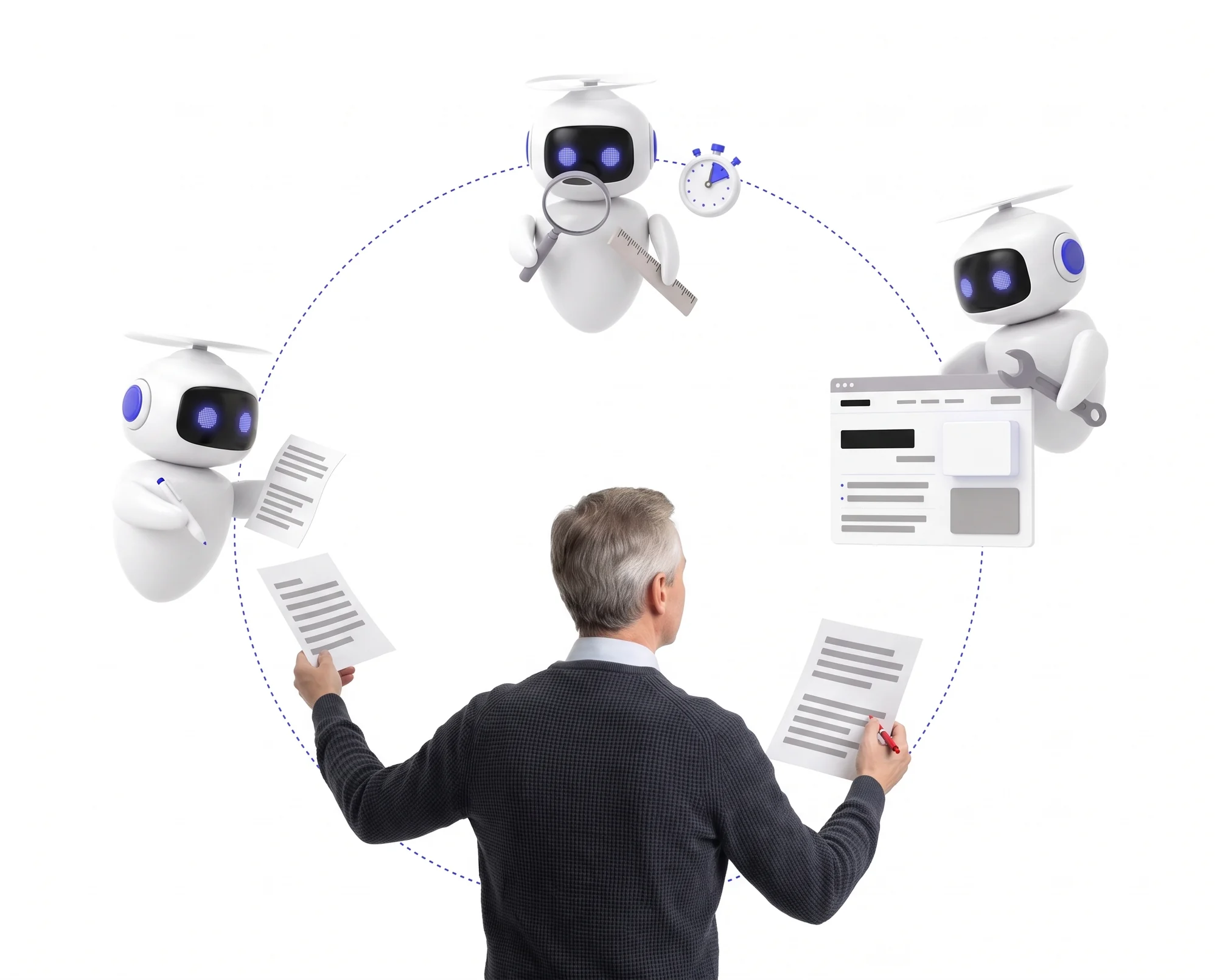 A man, seen from behind, is giving a briefing to a writing robot; a measuring robot and a construction robot carry out his instructions, and the finished page is returned to the man, who reads it with a red pen