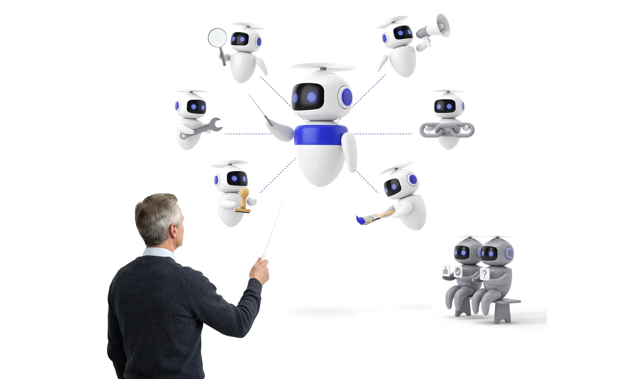 Man op de rug gezien dirigeert een grotere bot, die zes AI-agents aanstuurt, twee grijze bots kijken toe als publiek