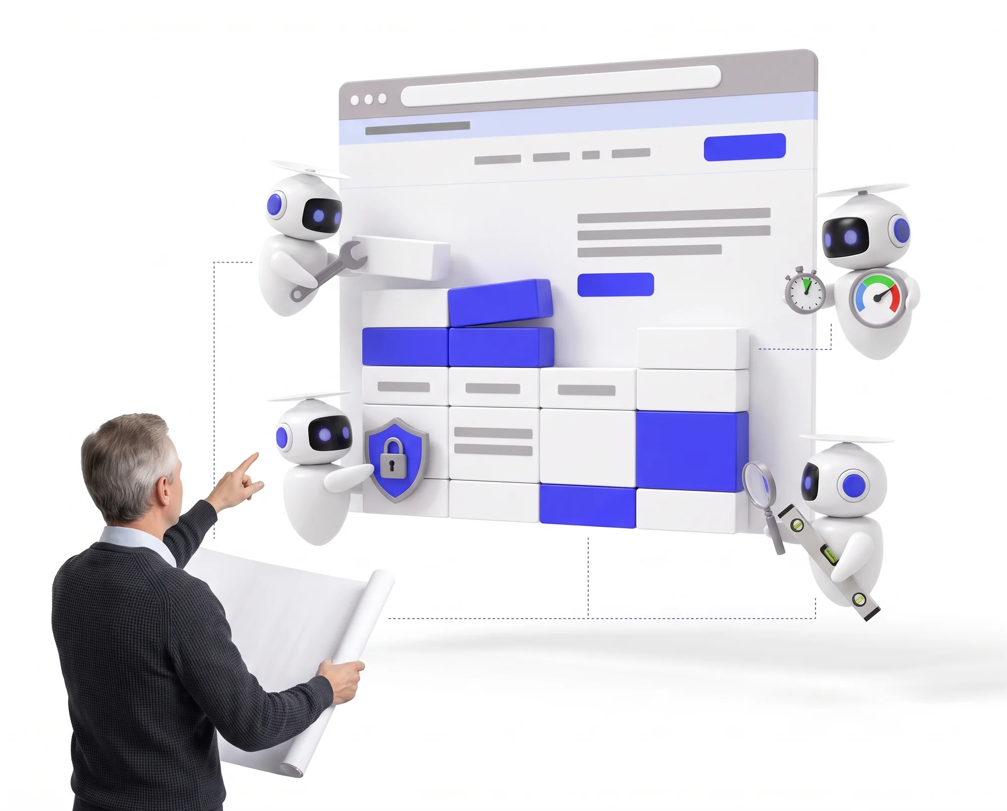 A man seen from behind, holding a construction blueprint, points to a website under construction; robots are placing blocks, measuring the speed, setting up a shield with a lock around the site, and checking the edges with a level